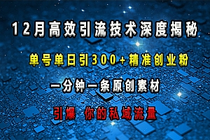 12月高效引流技术深度揭秘 ,单号单日引300+精准创业粉,一分钟一条原创素材,引爆你的私域流量