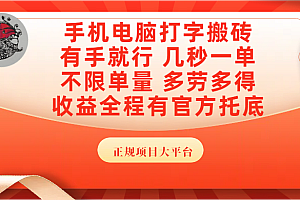 手机电脑打字搬砖,几秒一单,不限单量,多劳多得,收益全程有官方托底,正规项目大平台