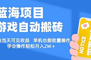 【蓝海项目】游戏自动搬砖 小白当天可见收益 单机也能批量操作 学会操…